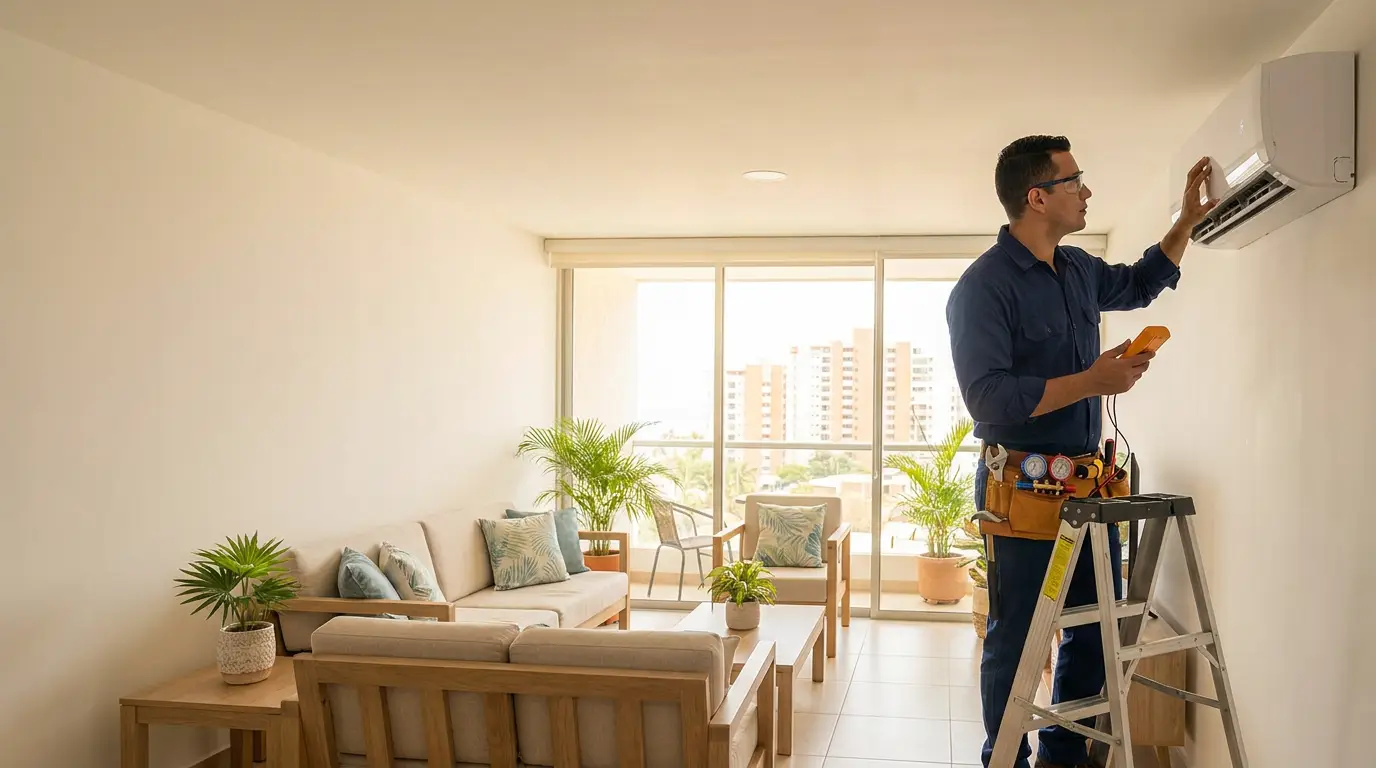 Técnico ilustrativo atendiendo un equipo de aire acondicionado en una vivienda costera
